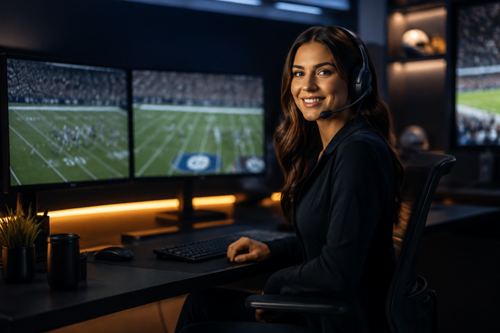 Customer support professional with college football screens