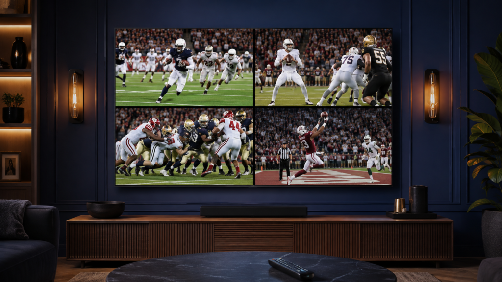 Four college football games shown in multiview